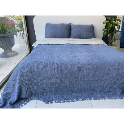 Sussex Home Muslin Blanket 4 Layers, Soft Bedspread, 100% Turkish Cotton Muslin Bed Cover, Reversible Coverlet, Indigo Blue, 91x95, Queen Size — фото 3
