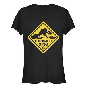 Juniors Womens Jurassic Park Dinosaur Crossing Sign T-Shirt - 1 of 3