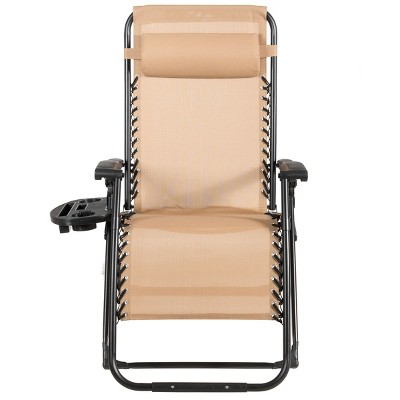 Tangkula Oversized Zero Gravity Lounge Chair Folding Recliner w/ Cup Holder & Pillow, Beige