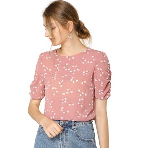 INSPIRE CHIC Women's Floral Summer Crew Neck Casual Shirred Short Sleeve Blouse - 1 of 4