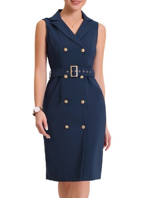 Allegra K Women's Sleeveless V Neck Notched Lapel Double Breasted Belted Work Office Dress