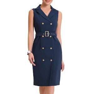 Allegra K Women's Sleeveless V Neck Notched Lapel Double Breasted Belted Work Office Dress - 1 of 4