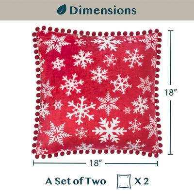 Red Snowflake Polyester Throw Pillow Covers with Pom Pom Fringe, 18x18, Set of 2