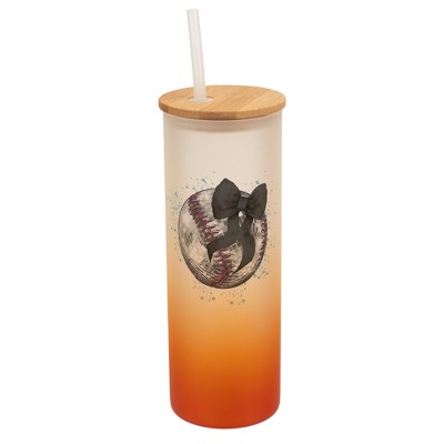 Elanze Designs 25 Ounce Frosted Glass Gradient Travel Tumbler With Straw and Wooden Lid, Baseball Teal Paint Splatter Orange