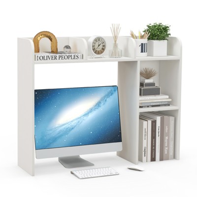 Tangkula Desktop Bookshelf 3-Tier Multipurpose Countertop Hutch Bookshelf for 27 Inch Monitor w/ 3 Upper Shelves & 2 Side Compartments White/Natural