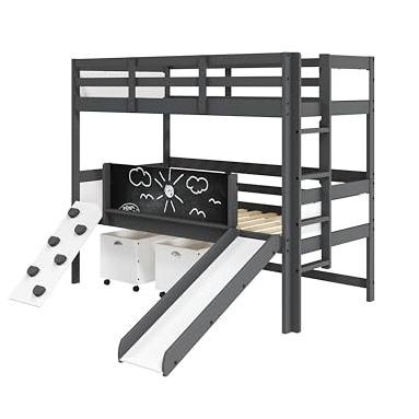 Donco Kids Art & Play Twin Over Twin Dark Grey Bunkbed with Two Junior White Toy Boxes