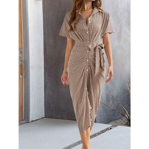 Coolmee Women Casual Elegant V-neck Button High Waist Tie Short Sleeve Wrap Midi Dress - 1 of 4