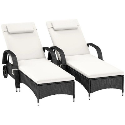 Resenkos 2 Reclining Chaise Lounge Chairs, Outdoor Sectional Furniture, PE Rattan, White Deep Coffee and Cream White