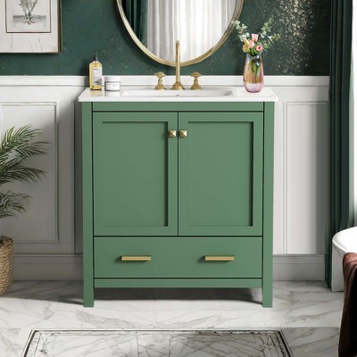 NicBex 30" Bathroom Vanity with Sink, Bathroom Cabinet Storage with 1 Functional Drawers and 1 Spacious Cabinet for Bathroom, Green