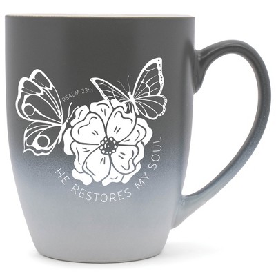 Elanze Designs He Restores My Soul Psalm 23:3 Two Toned Ombre Matte Grey and White 12 ounce Ceramic Stoneware Coffee Cup Mug