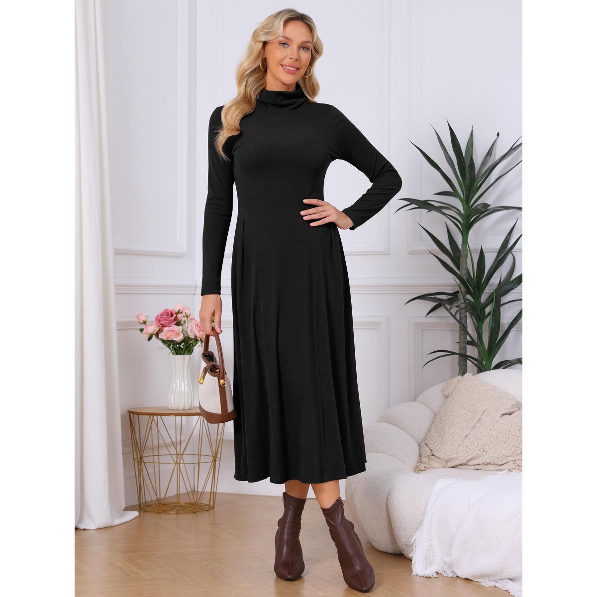 Женские платья INSPIRE CHIC Women's Turtleneck Long Sleeve Ribbed Knit A-Line Flare Midi Sweater Dress Black Small — фото 4