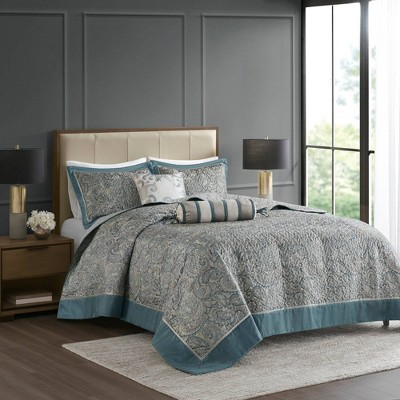 Teal King Reversible Jacquard Bedspread Set with Throw Pillows