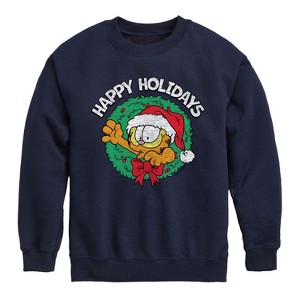 Boys' - Garfield - Happy Holidays Wreath Graphic Long Sleeve Fleece Sweatshirt - 1 of 4