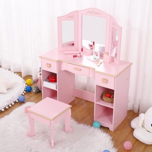 Girls Vanity Table and Chair Set with Mirror - Wooden Makeup Dressing Playset for Ages 3-9, Pink Kids Vanity Set with Stool, Perfect Birthday Gift - 1 of 4