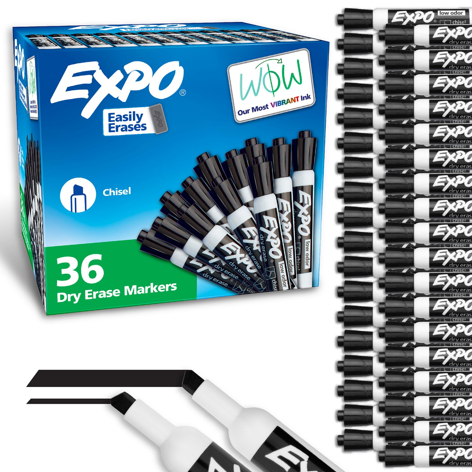 Expo 36ct Lo Odor Markers Chisel Black: Bold Dry Erase Whiteboard Markers Bulk for Office & Art