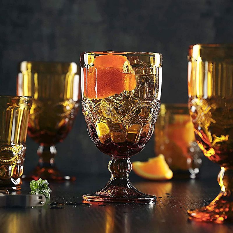 Whole Houseware 8.7 Oz Colored Amber Drinking Glasses Pressed Pattern with Stem Set of 6, Amber, 3 of 6