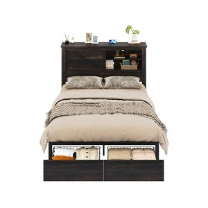 AMERLIFE 47.2" H Bed Frame with Bookcase Headboard, Charging Station, 2 Drawers - 1 of 4