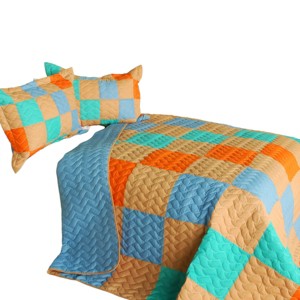 Slickblue 3 PC Full/Queen Quilt Set, Vermicelli-Quilted TC Fabric, Machine Washable, Patchwork, Blue/Brown - 1 of 4