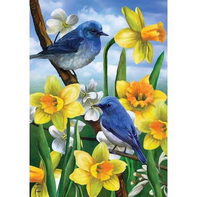 Bluebirds and Daffodils Spring Garden Flag in Multicolor Polyester