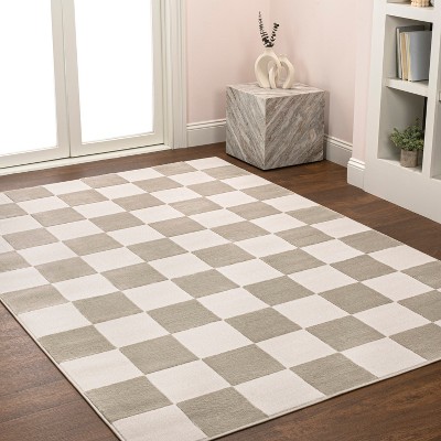 Beige and Cream Geometric Checkerboard 3 x 5 Area Rug