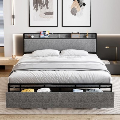 Whizmax King Size Bed Frame with Storage Drawers, Platform Bed Frame with  Upholstered Headboard and Outlets, No Box Spring Needed, Easy Assembly, Gray