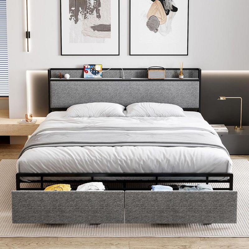 Whizmax Bed Frame with Storage Drawers, Platform Bed Frame with Upholstered Headboard and Outlets, No Box Spring Needed, Easy Assembly, Gray, 1 of 9