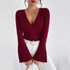 Coolmee Women's V Neck Bell Sleeve T Shirt Fall And Winter Slim Bottoming Shirt Tops - 2 of 4