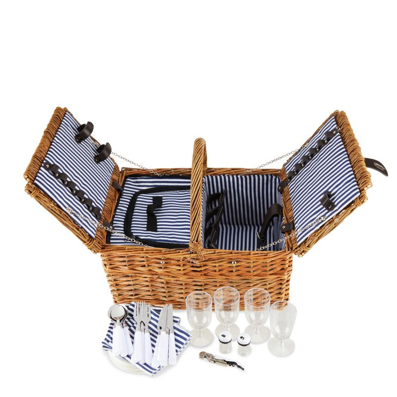 Twine Cape Cod Picnic Basket, Wicker Basket with Place Settings, Wine Glasses, Corkscrew, Insulated Compartments, Set of 1 Basket, Brown, 1 of 7