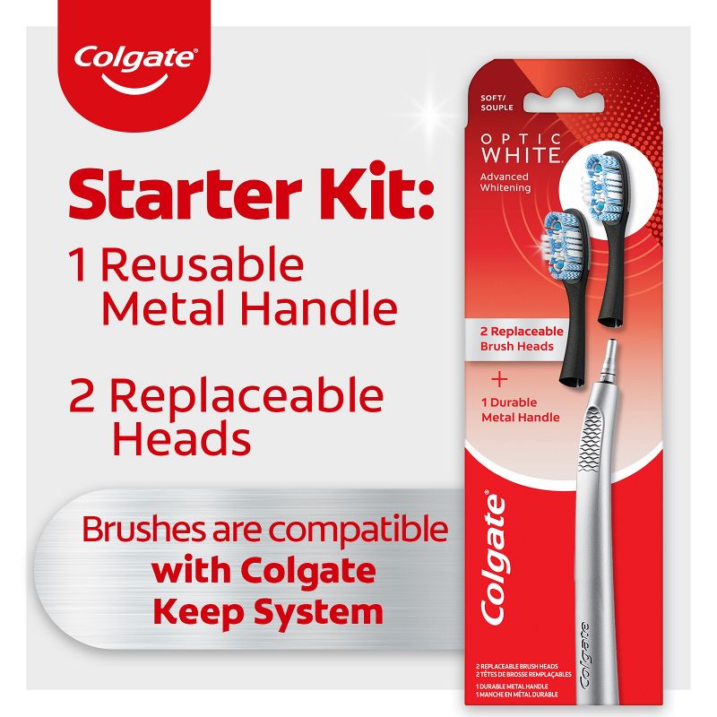 Colgate Optic White Toothbrush with Metal Handle and 2 Replaceable Brush Heads - Silver - Soft - Trial Size, 5 of 10