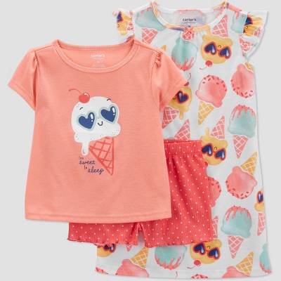 Image of Carter's Just One You®️ Toddler Girls' 3pc Ice Cream Gown Pajama Set - Coral Pink 12M