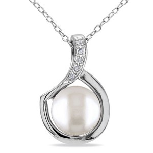 EVERLY JEWELRY | Sterling Silver 9-9.5mm White Cultured Freshwater Pearl and Diamond Pendant with Chain, 18" - 1 of 4
