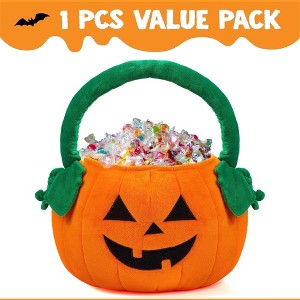 Joyfy Halloween Pumpkin Plush Tote Bucket, Cute Goody Basket with Handle for Kids, Trick or Treat Candy Bag, Halloween Party Favor Supplies - 1 of 4
