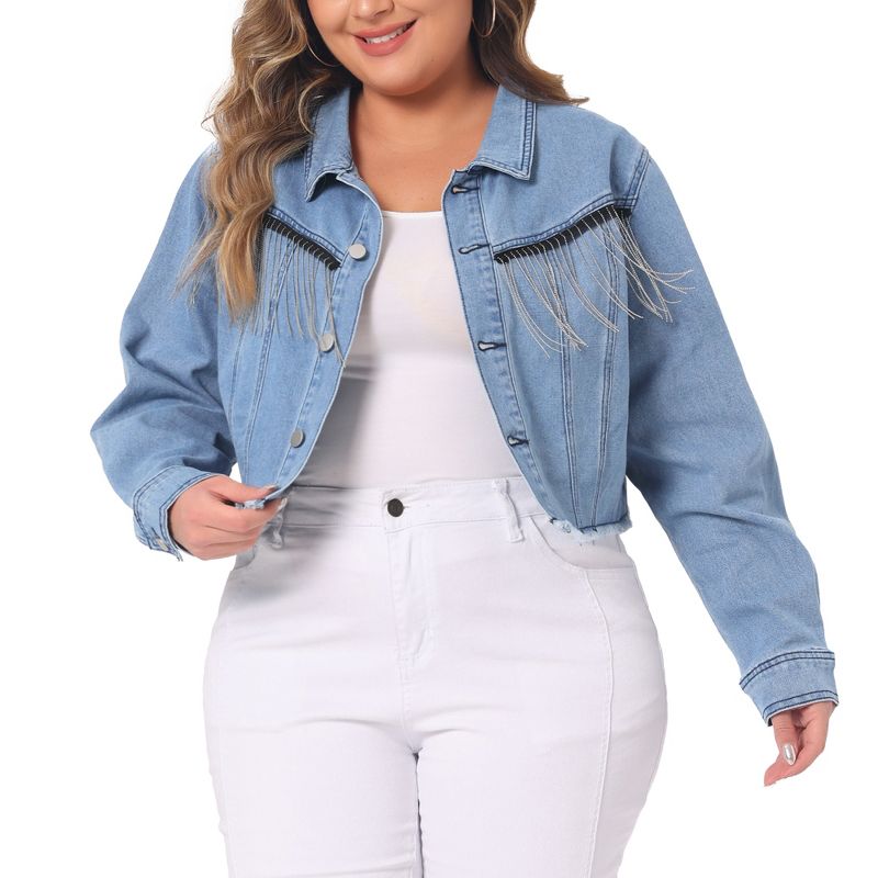 Agnes Orinda Women's Plus Size Frayed Hem Tassel Long Sleeve Button Up Casual Crop Jean Jackets, 2 of 6