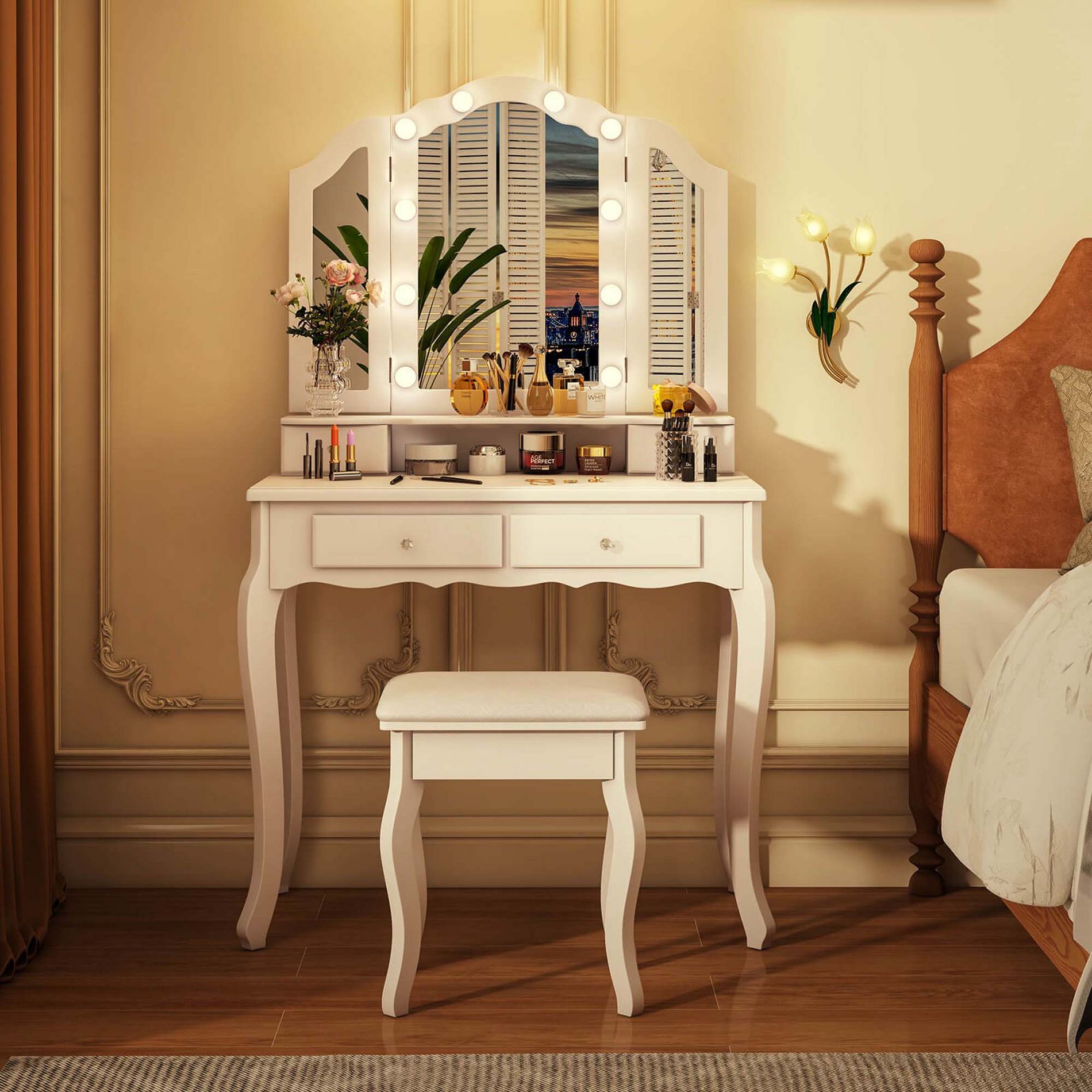 Costway Makeup Vanity Set with Tri-Fold Mirror & LED Lights 4 Drawers Open Shelf White