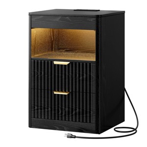 WOWLIVE 2PCS Fluted Nightstand with Charging Station and LED, Wood Farmhouse Bedside End Table with 2 Drawer & Open Shelf for Bedroom - 1 of 1