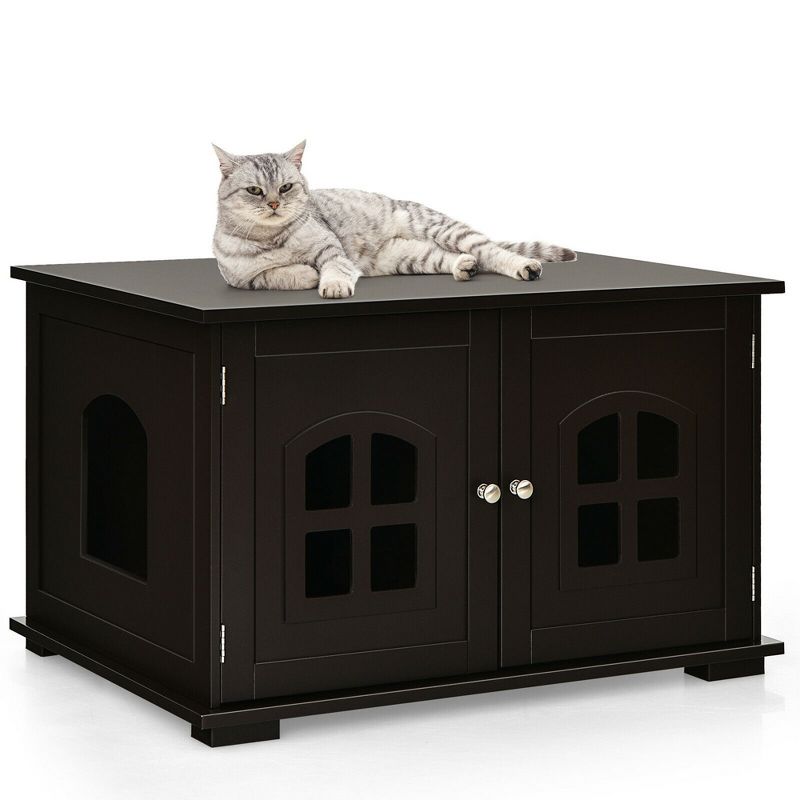 Costway Large Wooden Cat Litter Box Enclosure Hidden Cat Washroom w/ Divider, 1 of 11