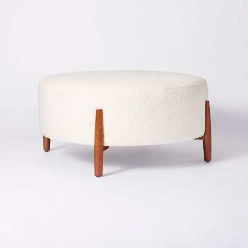 Linen Tufted Round Ottoman with Solid Wood Leg, Upholstered Padded