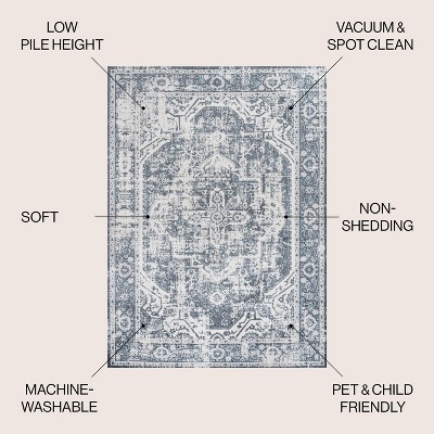 Keesha Blue and Cream Medallion Washable Area Rug 5'3" x 7'7"