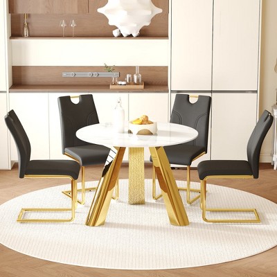Chic Crate-Modern Sintered Stone Dining Set – 42-inch Stainless Steel Leg Round Table with 4 Black Gold Chairs, Snow Mountain White