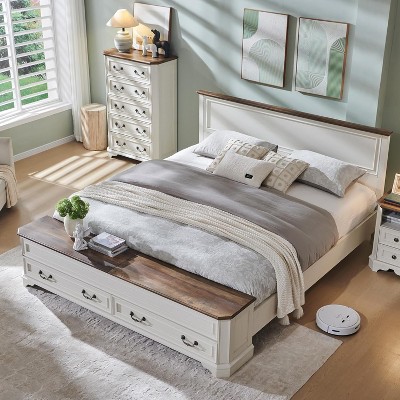 SinCiDo Farmhouse Bed, with an 80" Storage Cabinet, 2 Large Storage Drawers, & Bed Frame Equipped with a Headboard and Storage Stool, Antique White