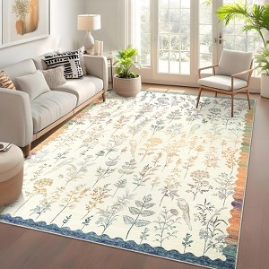 Botanical Washable Area Rug Modern Bird Pattern Rug Soft Non-Slip Low Pile Rugs for Living Room Bedroom - 1 of 4