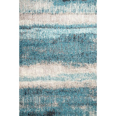 Cream and Turquoise Abstract Synthetic Area Rug