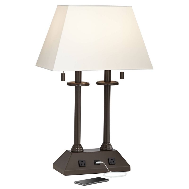 Regency Hill Charlton Traditional Desk Table Lamp 26" High Bronze with USB and AC Power Outlet in Base Rectangular Fabric Shade for Bedroom Desk House, 1 of 10