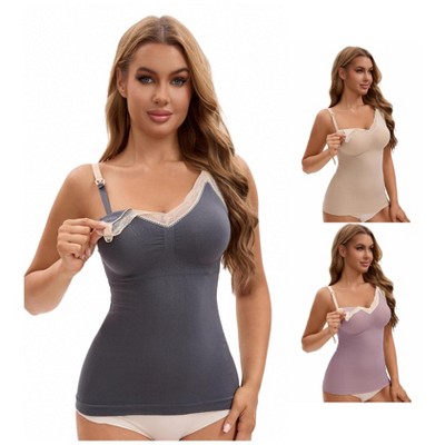INSPIRE CHIC Women's 3 Pcs Lace V Neck Pregnancy Cami with Built-In Bra Maternity Nursing Tank Top for Breastfeeding