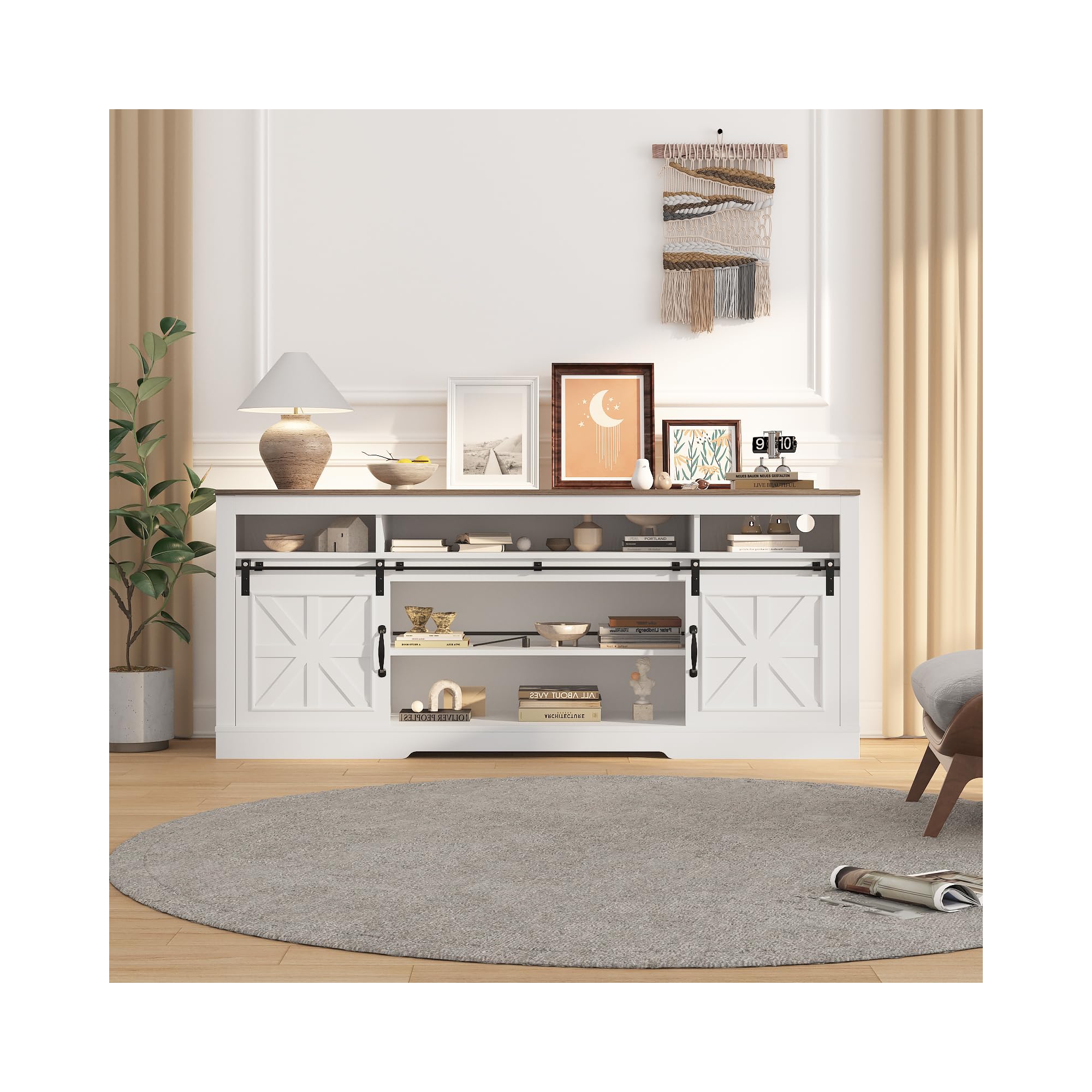 66" Farmhouse TV Stand for 75" TVs, Entertainment Console with Barn Doors, Adjustable Shelf and Semi-Open Storage for Living Room