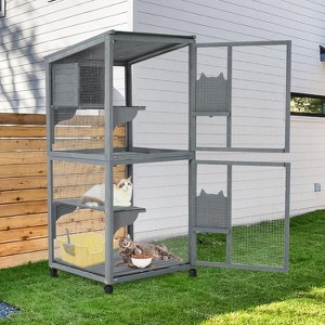 Cat House Outdoor Catio Cat Enclosures on Wheels, 69" Large Outside Patio Wooden Cat Cage Resting Box, Sunshine Panel, 2 Lockable Doors & Wheels - 1 of 4