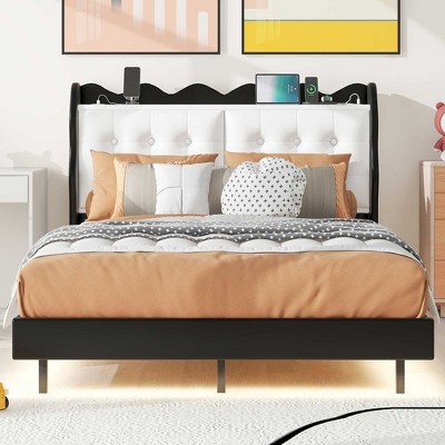Full Size Platform Bed Frame No Box Spring Needed Farmhouse Bed with LED Light Strips Headboard Storage Space 2 USB Charging Ports for Bedroom Blcck