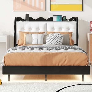 Full Size Platform Bed Frame No Box Spring Needed Farmhouse Bed with LED Light Strips Headboard Storage Space 2 USB Charging Ports for Bedroom Blcck - 1 of 4