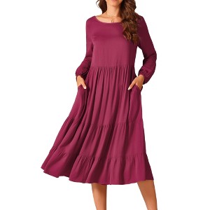 Seta T Women's Fall Casual Crewneck Flowy Tiered Boho Maxi Dress with Pockets - 1 of 4