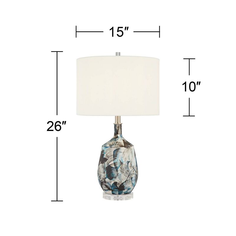 Possini Euro Design Modern Table Lamp 26" High Blue Brushstrokes Ceramic White Fabric Drum Shade for Living Room Bedroom House, 4 of 9